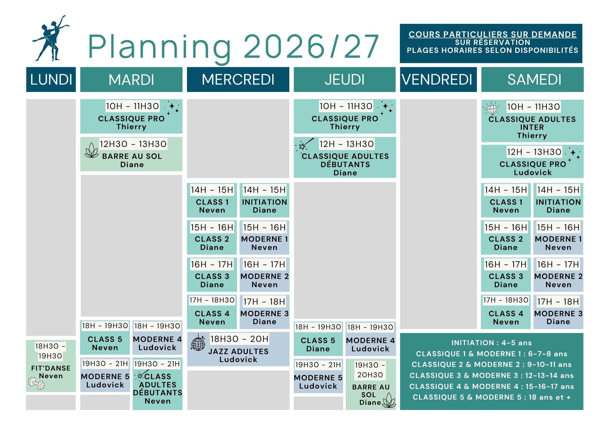 AMD, Académie Méditerranéenne de Danse, AMDanse, Marseille, Ecole de Danse Marseille, AMD Marseille, Mitou Manderon, Thierry Le Floc'h, Diane Le Floc’h, Ludovick Le Floc’k, Neven Ritmanic, Danse Classique, Moderne, Stretching, Barre au sol, Fit’Danse, horaires, tarifs, planning